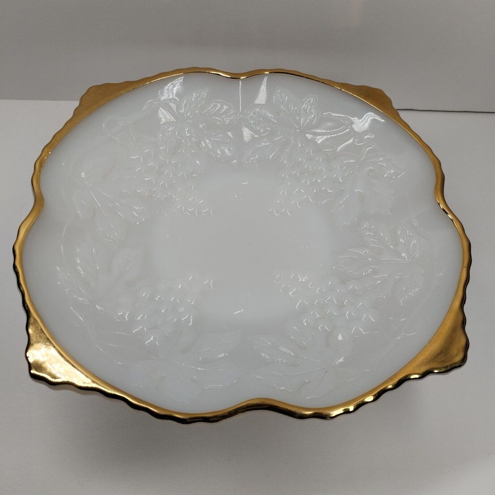 Anchor Hocking Grape Leaves Milk Glass Low Pedestel Square Bowl With Gold Trim